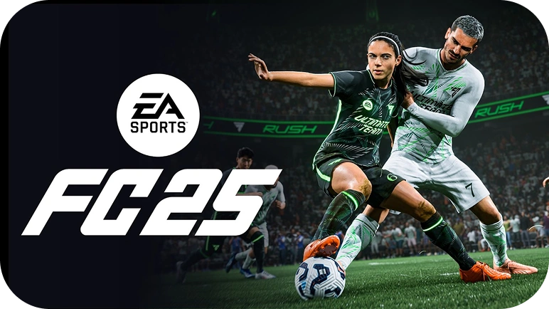 Baner EA Sports FC 25 Control Edition z dwoma piłkarzami walczącymi o piłkę na boisku.